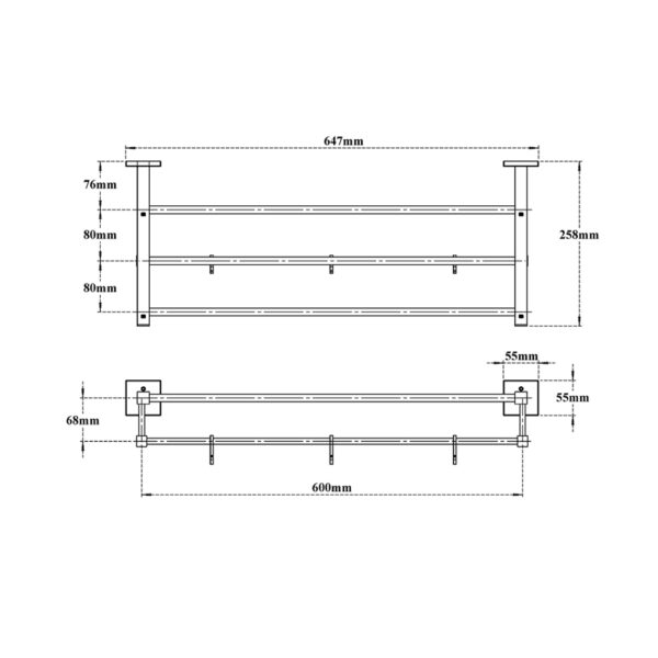 Towel Rack with Lower Rail & 3 Hooks-Whole Square