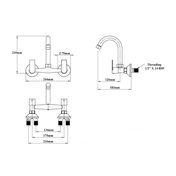 Sink Mixer Two handles (Wall Mounted)